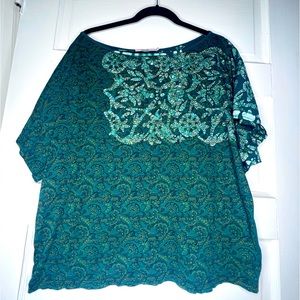 Language Green Top Tee Cotton Medium Batik Print Woven Knit Blouse Anthropologie